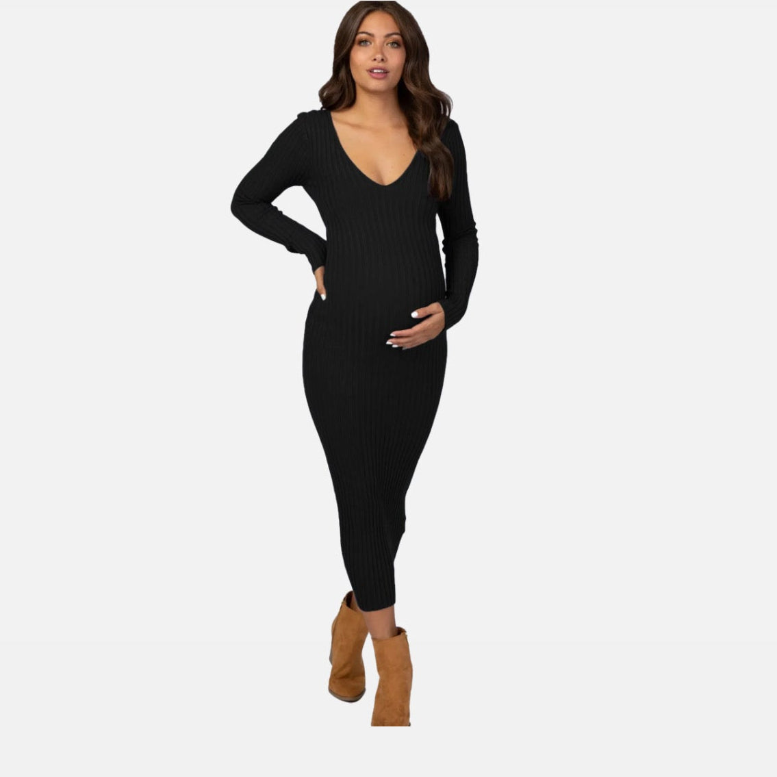 La Cartiera | Elegant Maternity Dress – Ribbed Long Sleeve Design – Comfortable Pregnancy Wear