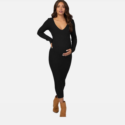La Cartiera | Elegant Maternity Dress – Ribbed Long Sleeve Design – Comfortable Pregnancy Wear