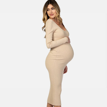 La Cartiera | Elegant Maternity Dress – Ribbed Long Sleeve Design – Comfortable Pregnancy Wear