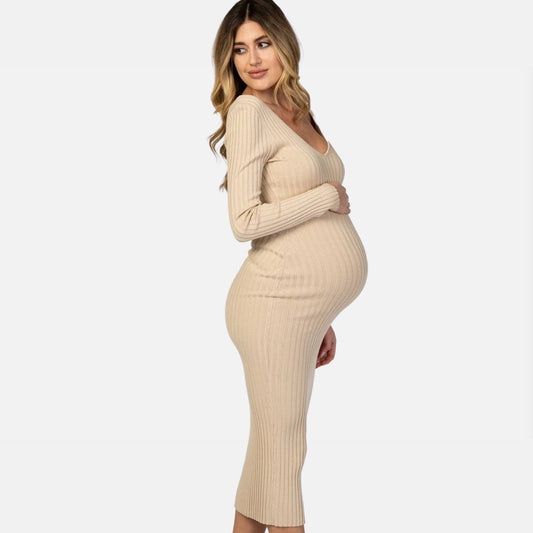 La Cartiera | Elegant Maternity Dress – Ribbed Long Sleeve Design – Comfortable Pregnancy Wear