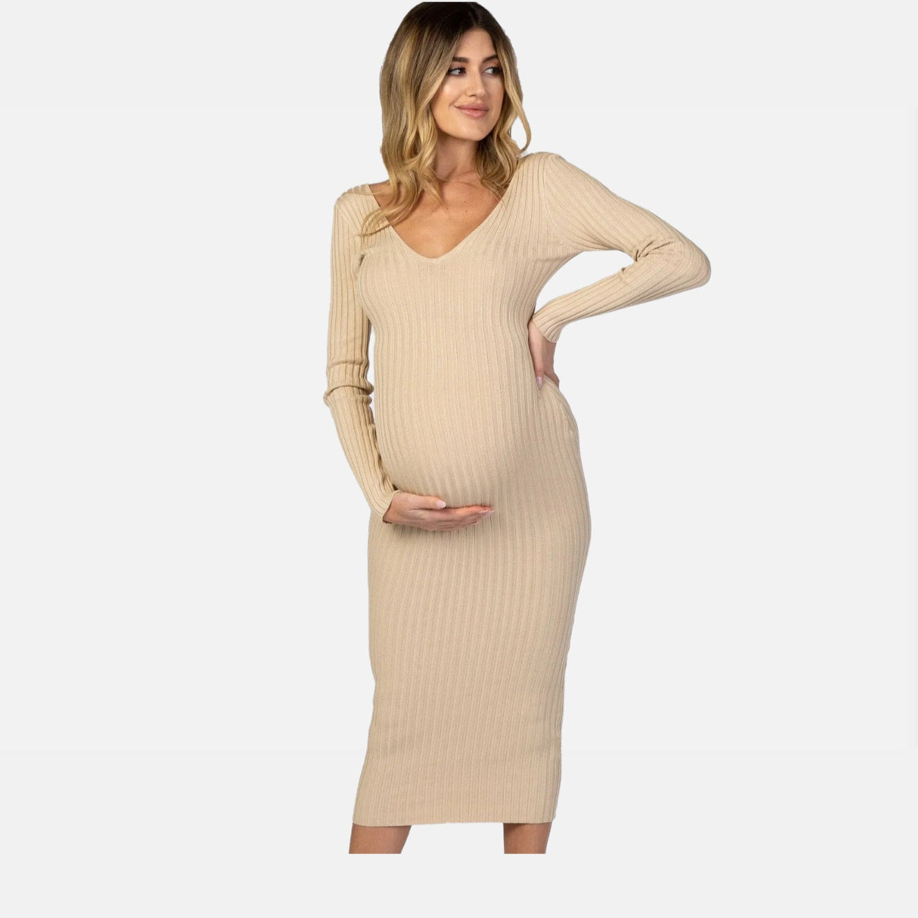 La Cartiera | Elegant Maternity Dress – Ribbed Long Sleeve Design – Comfortable Pregnancy Wear